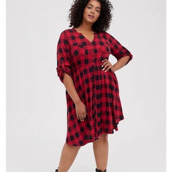 Torrid Red Plaid Button Front Shirt Dress Sz.3 - Picture 1 of 14